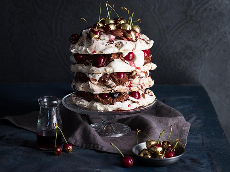 Chocolate Mousse Pavlova With Syrupy Cherries